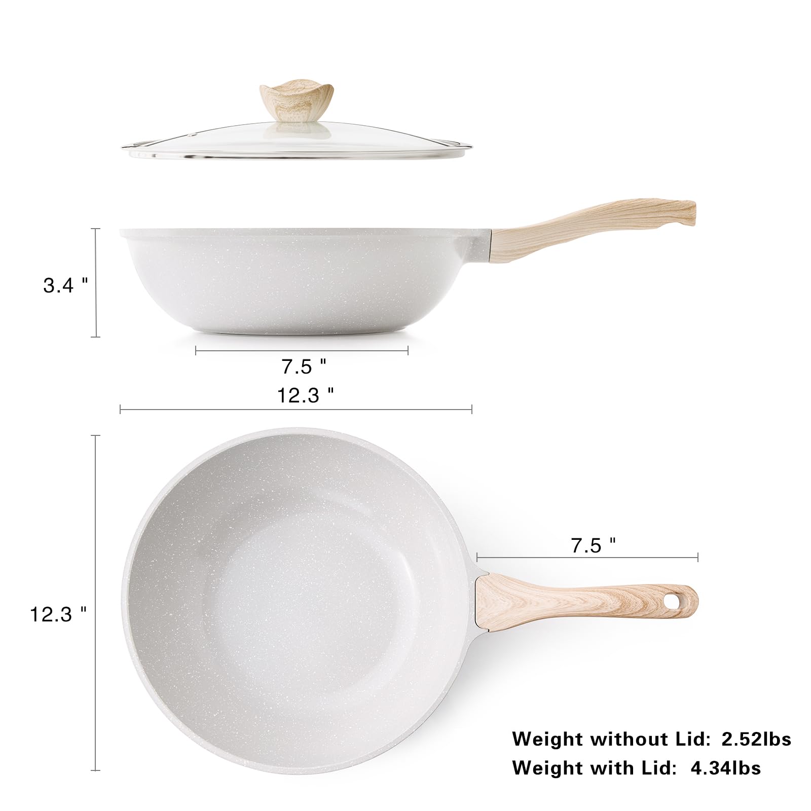 Kordisen Ceramic Wok Pan, 12 Inch Nonstick Wok with Lid, Healthy Non Toxic Woks & Stir-fry Pans for Cooking, Induction Cookware, PFOA & PFAS Free (Grey)