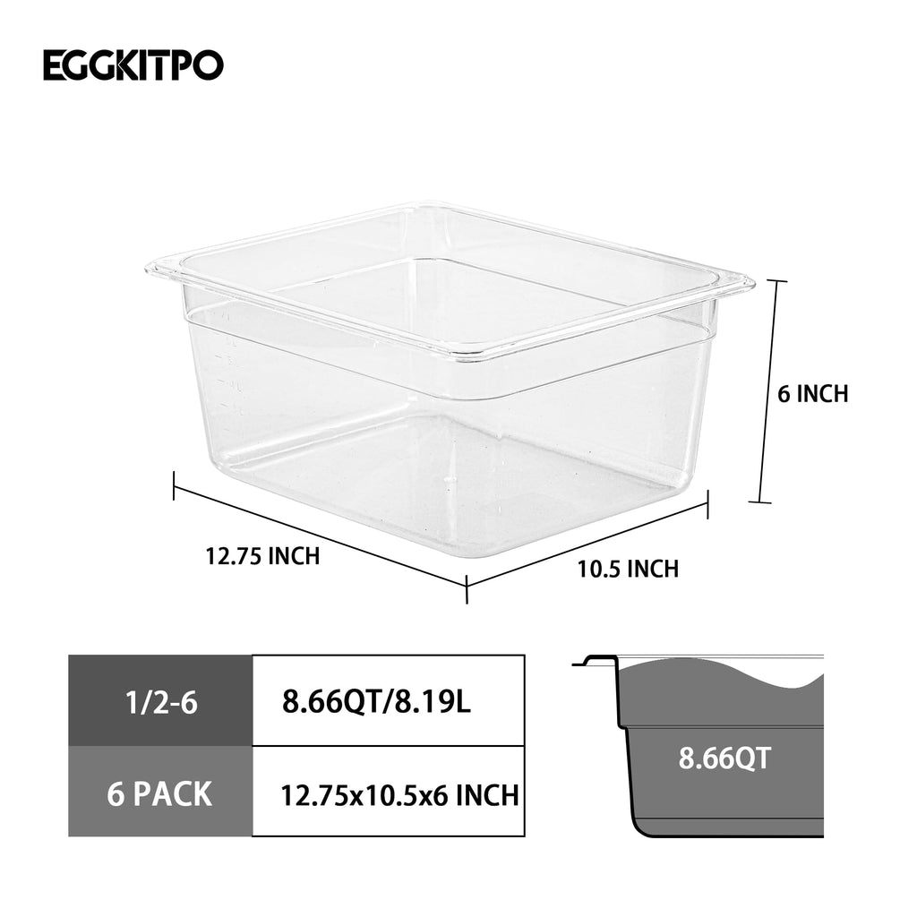 EGGKITPO Half Size Food Containers 6 Pack 6 Inch Deep Hotel Pan Clear BPA free Polycarbonate Stackable Food Storage Container for Kitchen Business and Food Serving