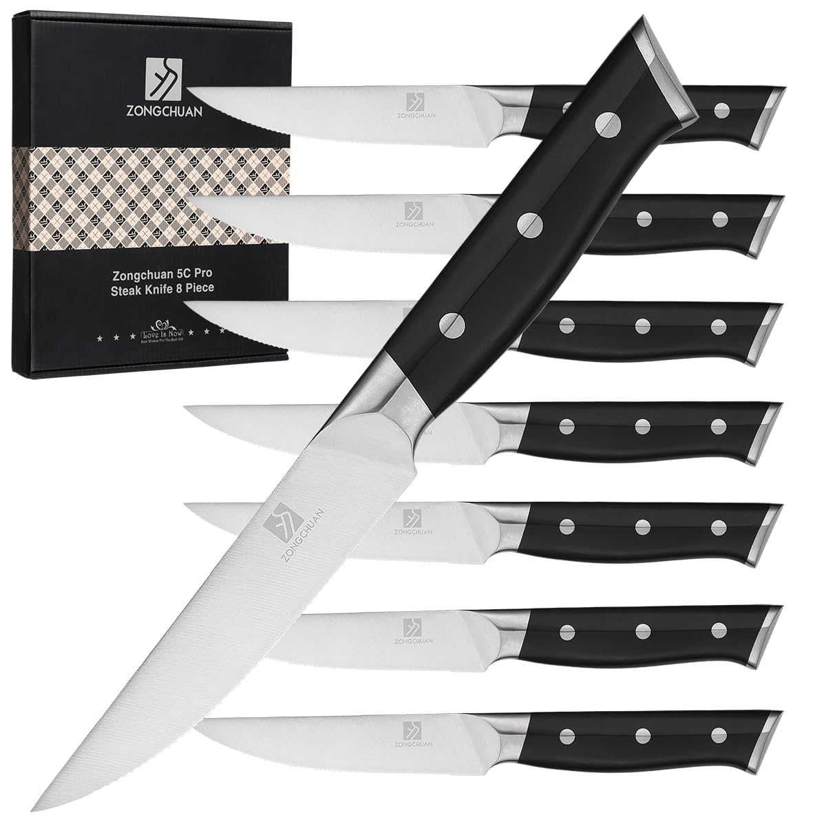 Steak Knives,4.5 Inch Steak Knives Set of 8, Micro-Cutting Point Serrated Edge, Very Sharp Steak Knife, Dishwasher Safe, 50CR15MOV Stainless Steel, Handle Ergonomic And Full Tang Design With Gift Box