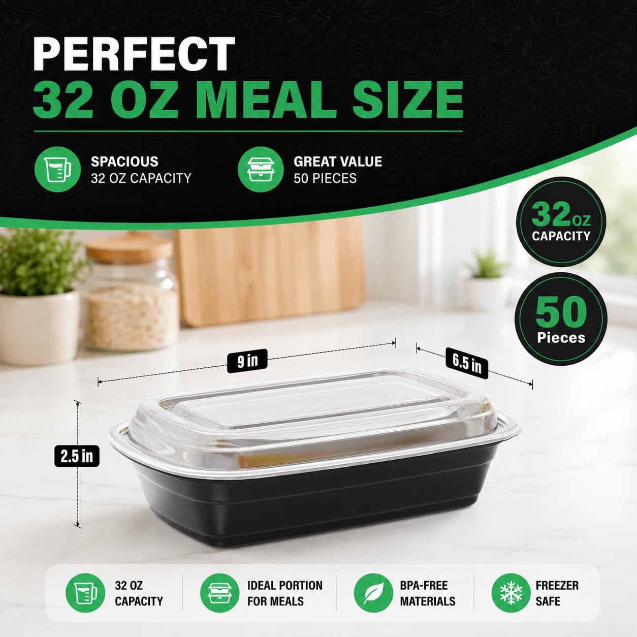 WUHUIXOZ Meal Prep Container, 50 Pack 32 oz Food Storage Containers with Lids, Disposable Bento Box Reusable Plastic Lunch Box, BPA Free Take-Out Box Microwave Dishwasher Freezer Safe