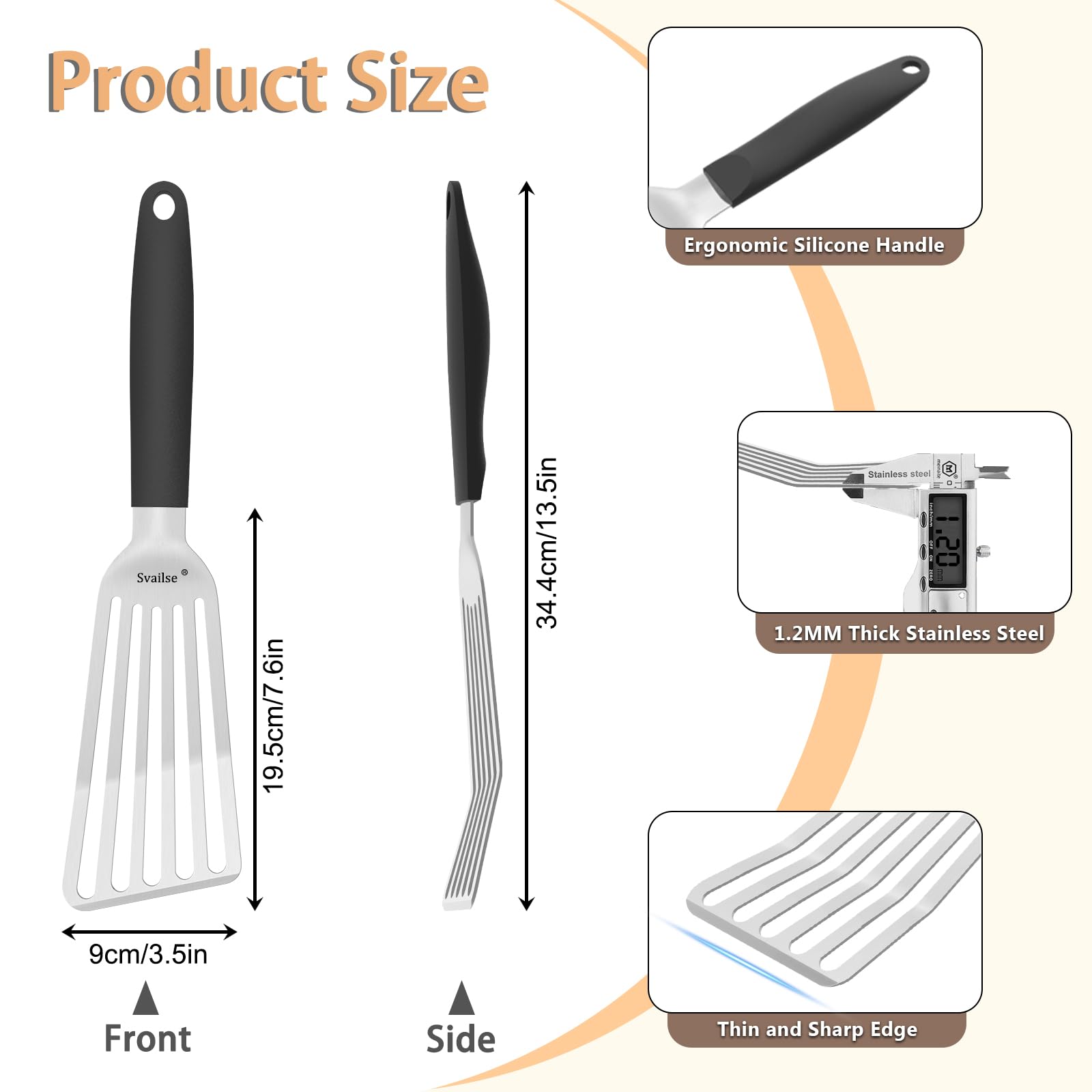 Svailse Fish Spatula Stainless Steel, Metal Spatula for Cast Iron Skillet, Slotted Turner with Silicone Handle for Cooking, Grilling, Flipping, Egg, Cookie, Pancake and Burger (Large, 13.5 Inch)