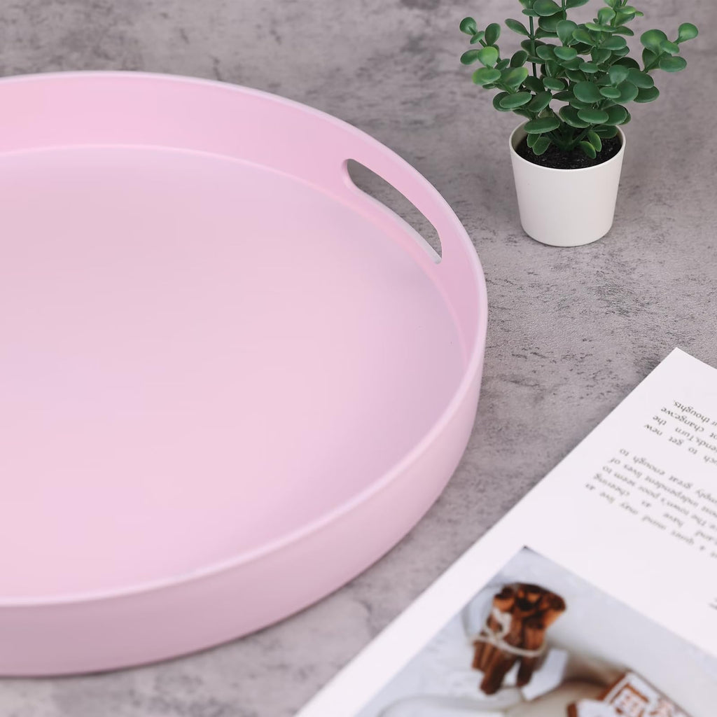 SforGUVA Round Pink Decorative Serving Tray with Handles, 13” Versatile Ottoman Tray for Coffee Table, Entertaining, Outdoor Patio, Living Room