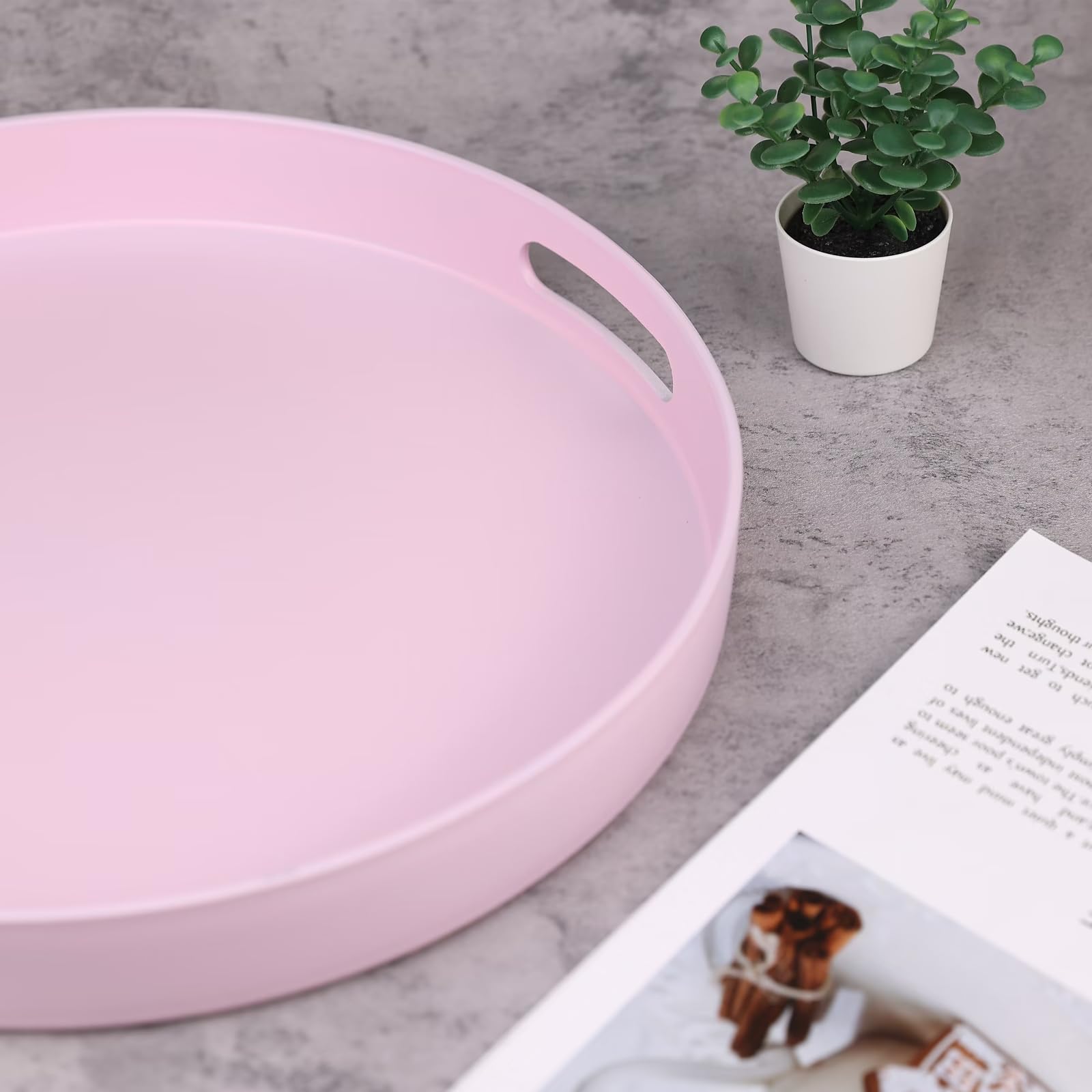 SforGUVA Round Pink Decorative Serving Tray with Handles, 13” Versatile Ottoman Tray for Coffee Table, Entertaining, Outdoor Patio, Living Room