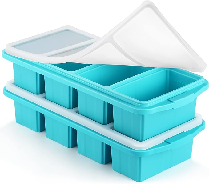 Silicone Freezer Tray With Lid - Silicone Freezer Food Molds- Large Ice Cube Tray,Silicone Freezer Container,Freeze & Store Soup, Sauce, Broth,Leftovers - Makes 4 Perfect 1 Cup