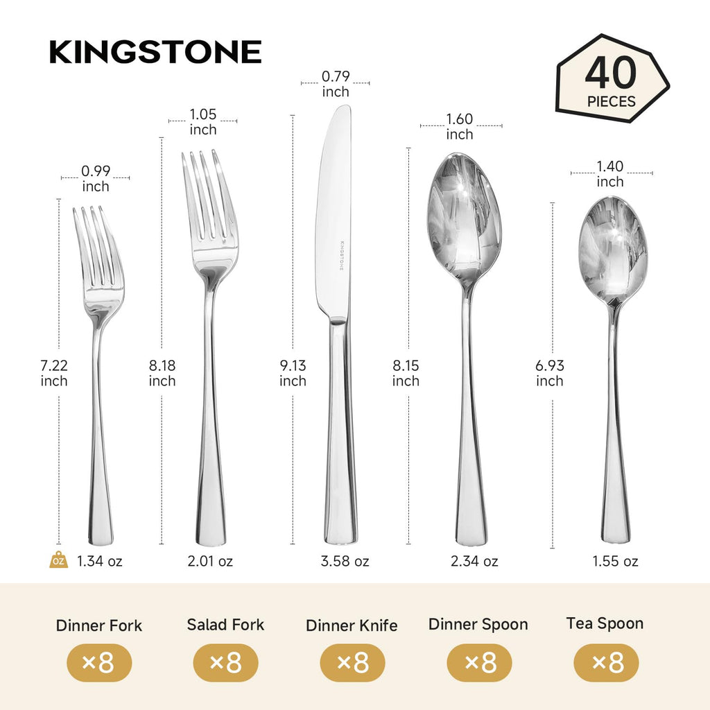 KINGSTONE Silverware Set for 8, 40-Piece Forged 18/10 Stainless Steel Flatware Set, Mirror Finish Cutlery Set Dishwasher Safe for Home, Restaurant, Wedding, Party