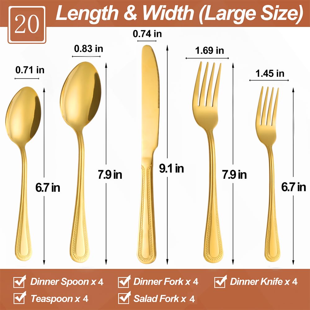 20 Pcs Gold Silverware Set for 4, Food Grade Stainless Steel Flatware Set, Eating Utensils Sets Include Fork/Knife/Spoon, Reusable Cutlery Set for Home Kitchen, Dishwasher Safe, Pearl-edged