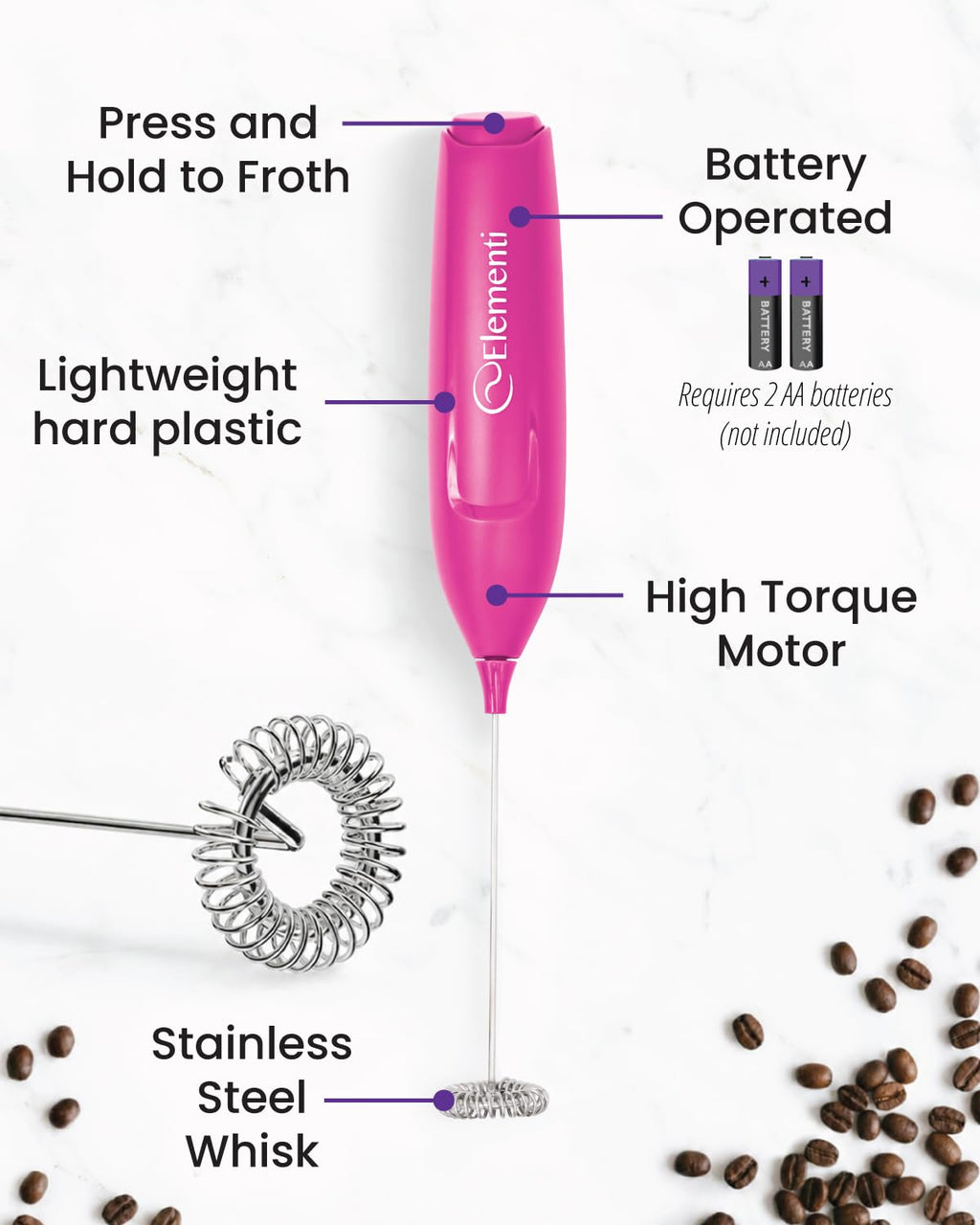 Elementi Pink Milk Frother Wand & Matcha Mixer, Mini Electric Whisk - Coffee Mixer Wand - Coffee Stirrers Electric Matcha Whisk (Hot Pink)