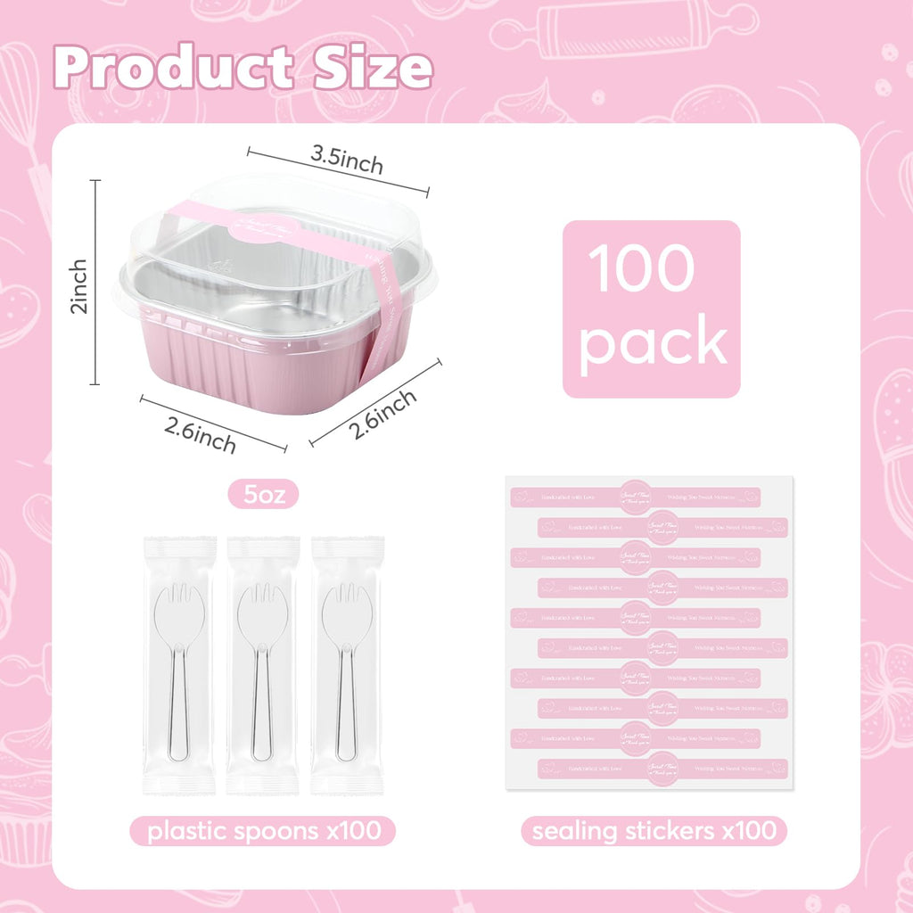 Ruckae 5oz 100 Pcs Square Mini Loaf Pans with Lids-Disposable Foil Dessert Containers,Mini Cake Pans with Lids,Aluminum Dessert Cups for Parties and Weddings (Pink, 5oz)