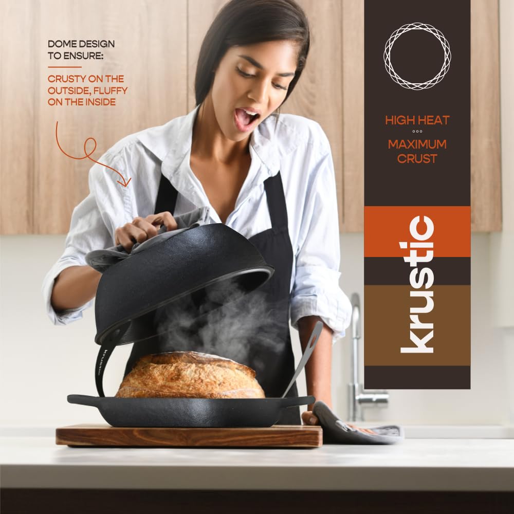 Krustic Enameled Cast Iron Dutch Oven for Professional Sourdough Bread Baking | 5.5 Quart Loaf Size Oval Cookware Pot with Lid | Triple-Layer Enamel Coating Pan with Non Stick Silicone Mat | Black