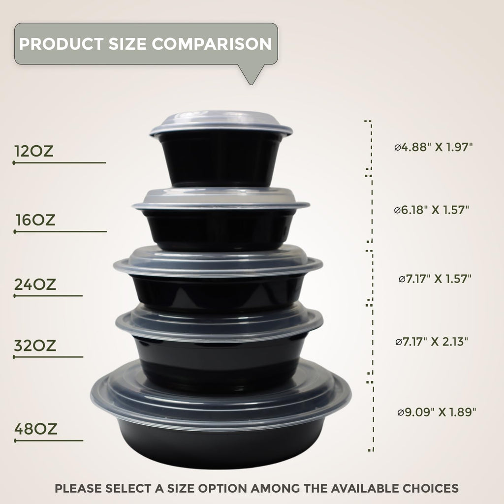 Klex 48 Oz, 150 Sets Meal Prep Containers with Airtight Lids, BPA Free, Reusable Plastic Food Container, 48 oz, Round, Black/Clear, 150 Sets
