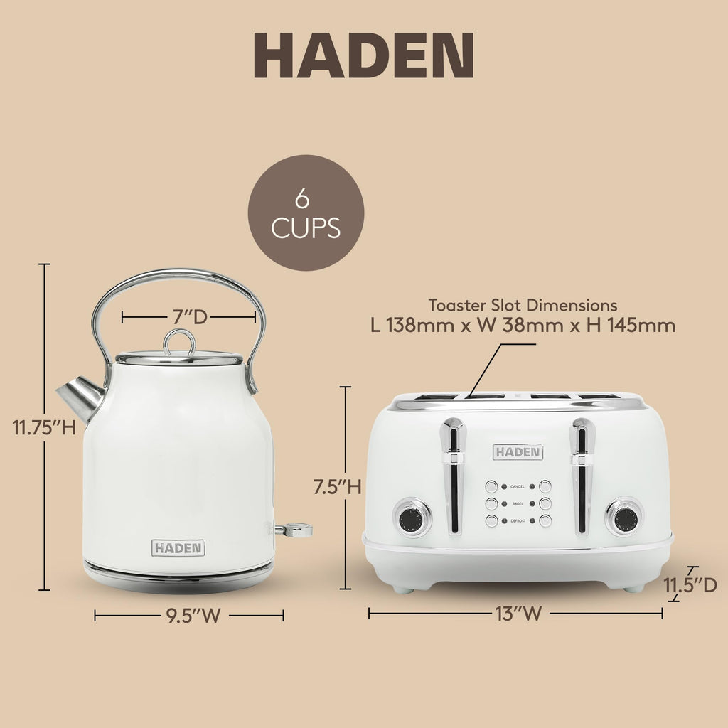 Haden Heritage Stainless Steel Body Retro Electric Tea Kettle, White and Haden Heritage 4 Slice Wide Slot Stainless Steel Retro Toaster, White