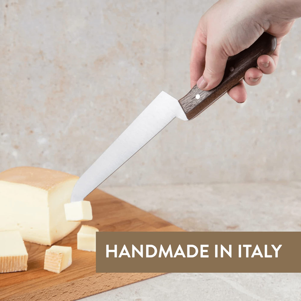 Formaticum Professional Tasting Cheese Knife - Cheese Cutter with Walnut Handle, 7" x 1.25" Stainless Steel Blade, Fork Tip for Tasting, Slicing & Serving, Made in Italy