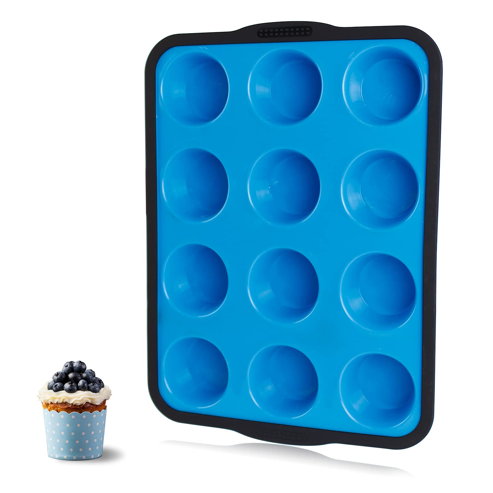 Aichoof Non-Stick Silicone Muffin Pan With Reinforced Stainless Steel Frame Inside,12 Cup Regular Muffin Baking Mold, 12 Cup Muffin Tin, BPA Free,Dishwasher Safe, Blue