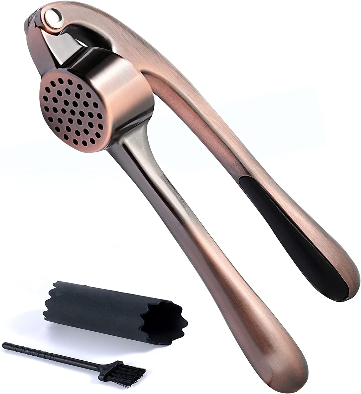 Premium Garlic Press Stainless Steel - Elevate Your Culinary Experience with Our Premium Garlic Mincer, Crusher & Peeler Set, Dishwasher Safe & Rust-proof (Bronze)