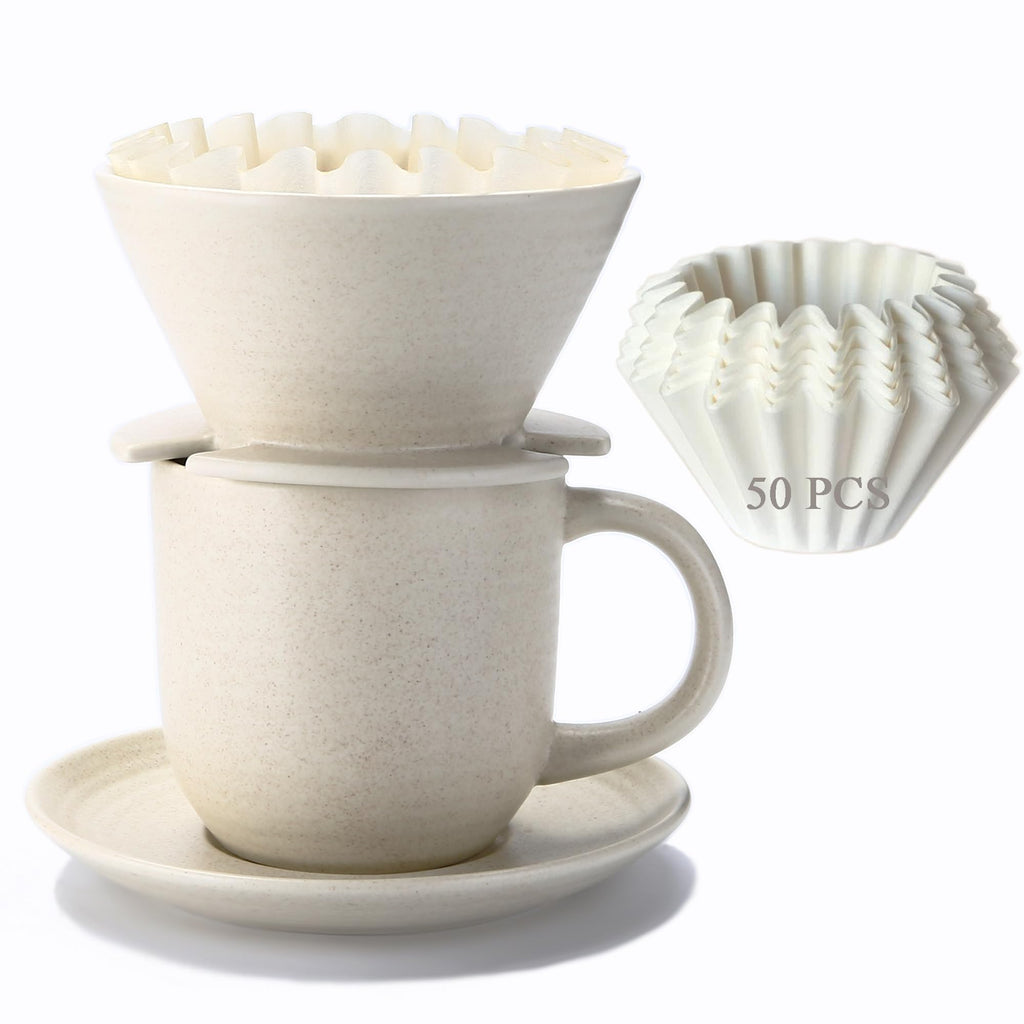 Polydremio Pour Over Coffee Maker, with 50 PCS Basket Coffee Filters, 310 ml/10 oz Mug with Saucer & Coffee Dripper, Ceramic, Off-white