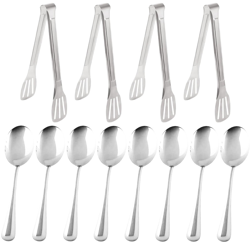 12PCS Silver Serving Utensils Set,Includes 8 large serving spoons,4 serving tongs