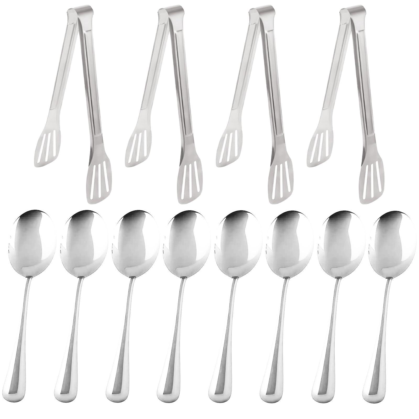 12PCS Silver Serving Utensils Set,Includes 8 large serving spoons,4 serving tongs
