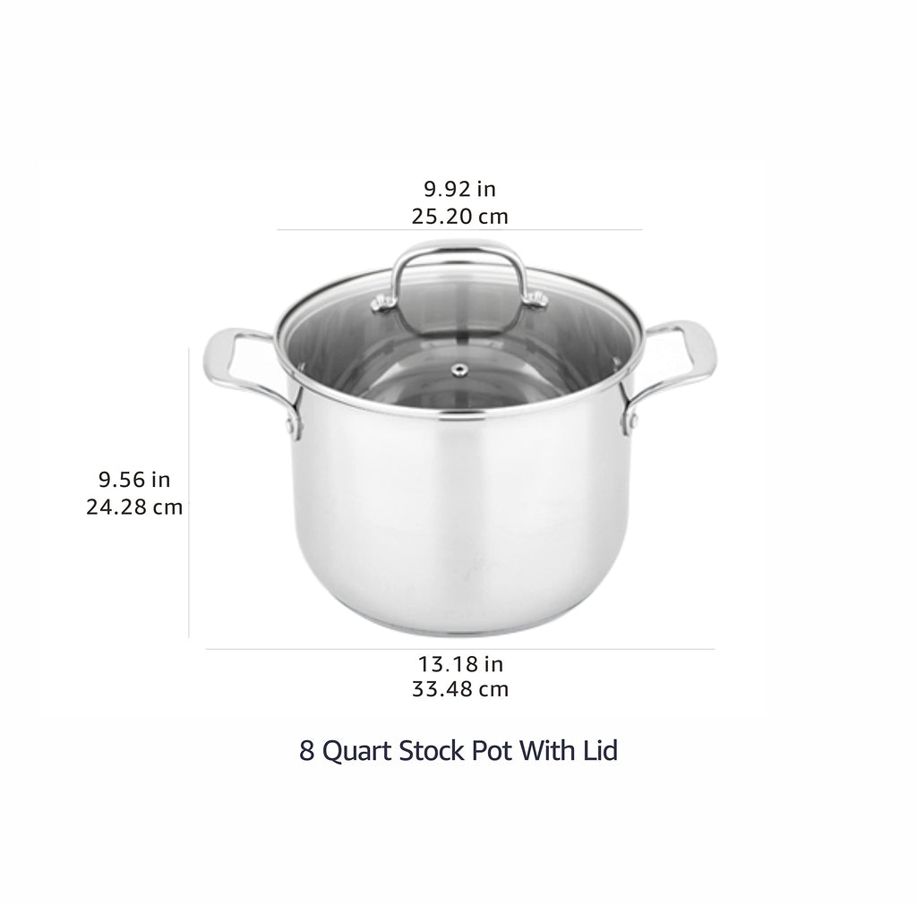 Amazon Basics Stainless Steel Induction Compatible Stock Pot with Glass Lid, Oven Safe, Dishwasher Safe, Sturdy, 8 Quart, Silver
