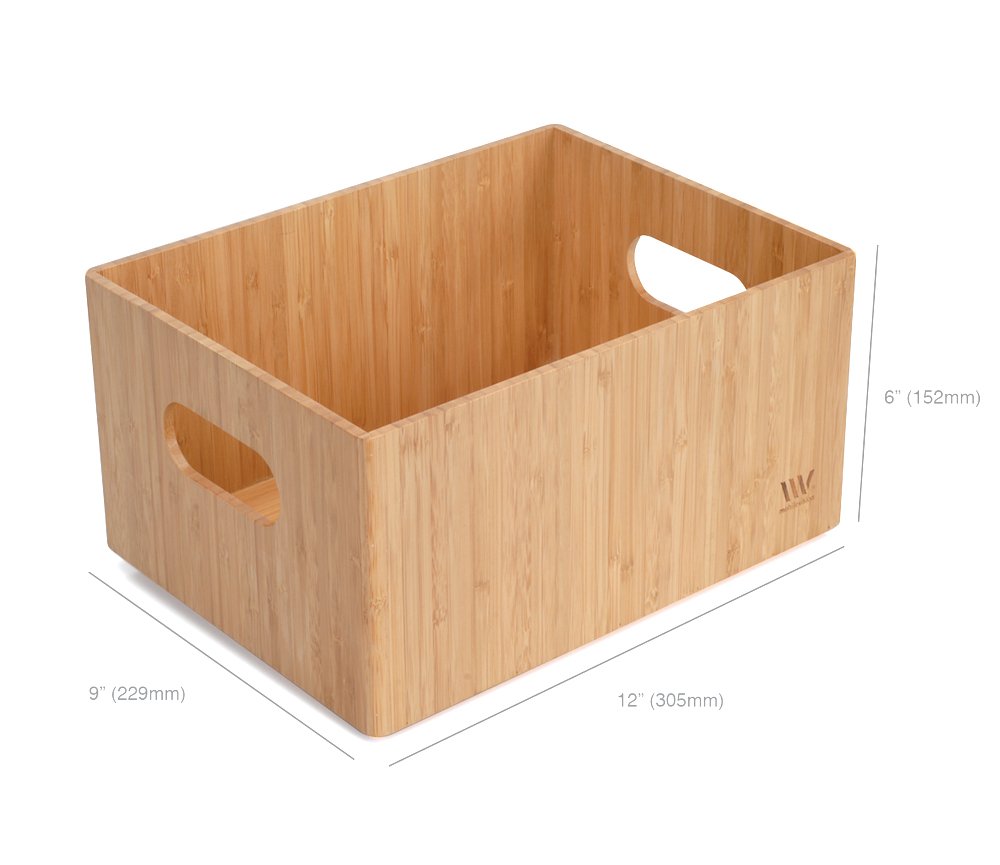 MobileVision Bamboo Storage Box Multi-Purpose Organizer for Kitchen Supplies Holder, Fruit Bin, Cabinets, Pantry with built in handles, stackable, 12” x 9” x 6” With White Clip Included