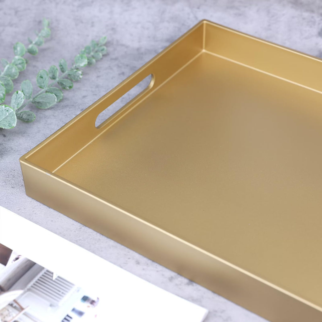 SforGUVA Gold Serving Tray for Coffee Table, Rectangular Plastic Decorative Tray with Handles for Entertaining, Outdoor Patio, Living Room, Ottoman, Bathroom Counter, 11.8”*15.7”*1.6”