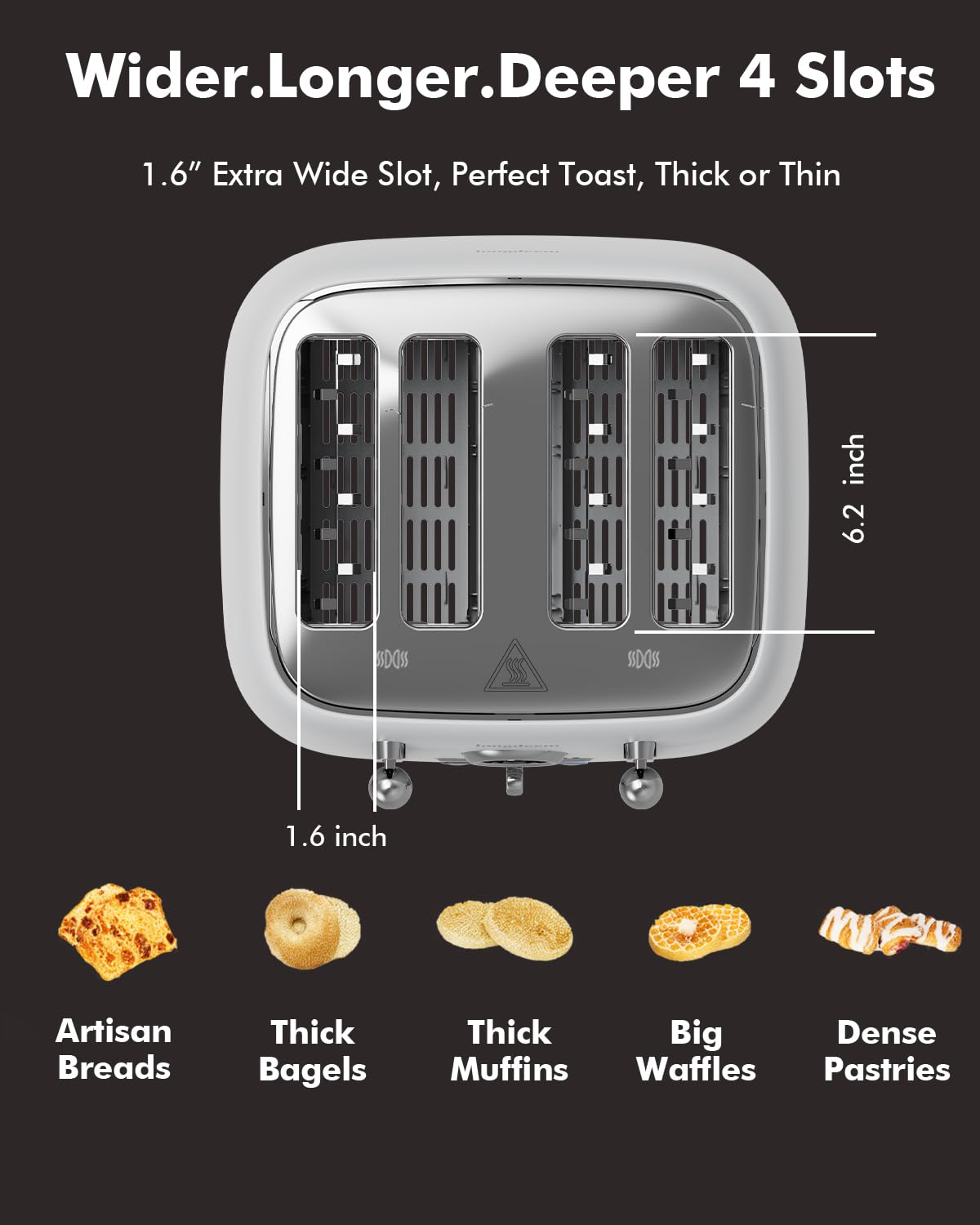 LONGDEEM 4-Slice Stainless Steel Toaster with 1.6" Wide Slots, Retro Bagel Toaster with 6 Browning Levels, Defrost/Bagel/Cancel, Removable Crumb Tray, White