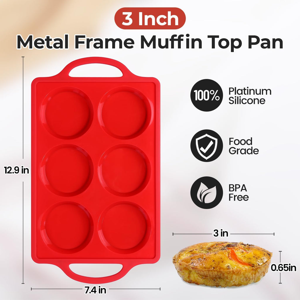 Silicone Egg Molds, 3 Inch Muffin Top Pans Non Stick with Metal Framed, Baking Pan for Breakfast Sandwiches, English Muffins, Whoopie Pies, Corn Bread, Egg Bites, Hamburger Bun, Tarts 2 Pack Red
