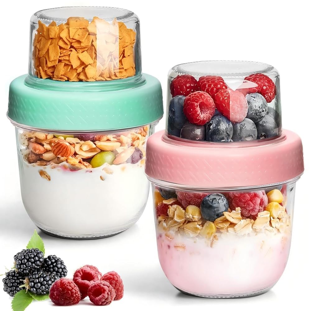 ComSaf 16+4Oz 4Pcs Overnight Oats Containers with Lids, Dual-Layer Jars