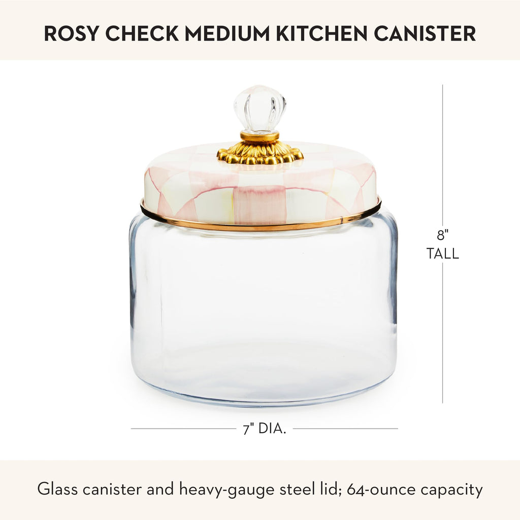 MACKENZIE-CHILDS Rosy Check Kitchen Canister, Decorative Pink-and-White Glass Storage Jar with Lid, Medium