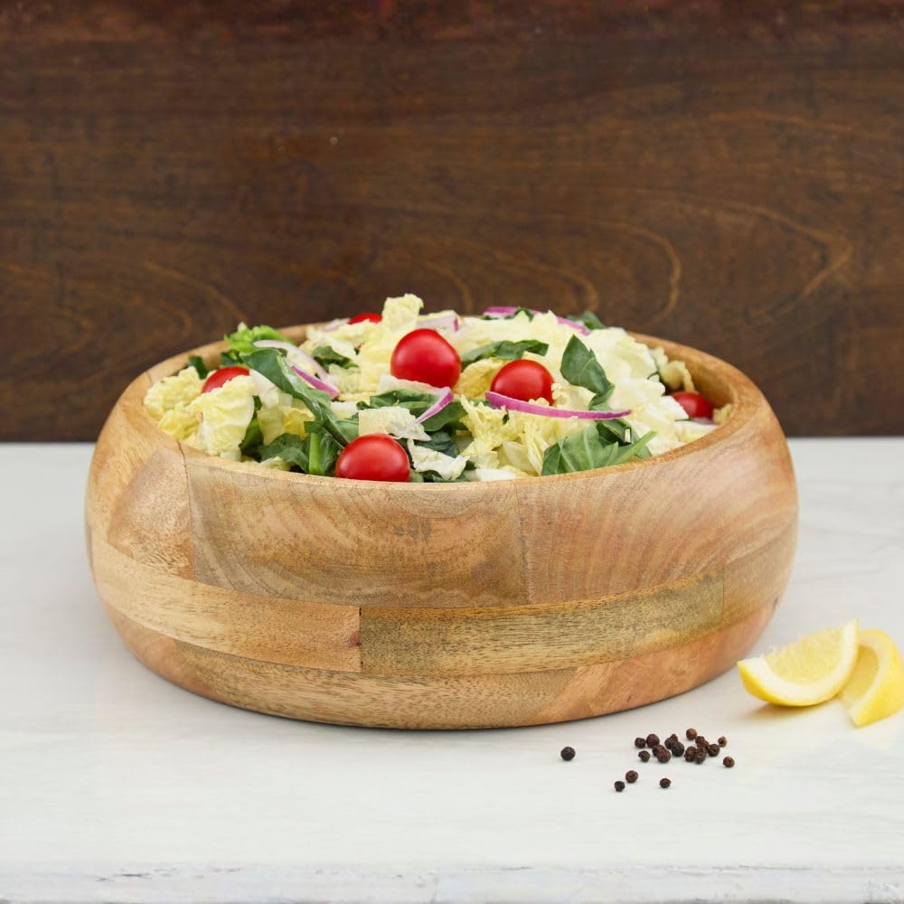 Wooden Salad Bowls for Serving Salad, Pasta and Fruit, Farmhouse Style, Natural Beige (Medium (13" Dia))