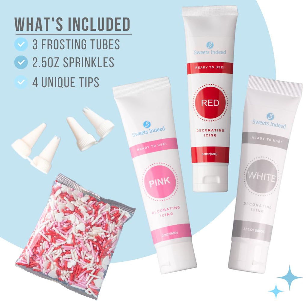 Sweets Indeed Valentines Day Frosting Decorating Set | Red White & Pink Frosting Tubes, Decorating Nozzles & Heart Jimmies Sprinkles | Baking Kit | 11.31 ounces