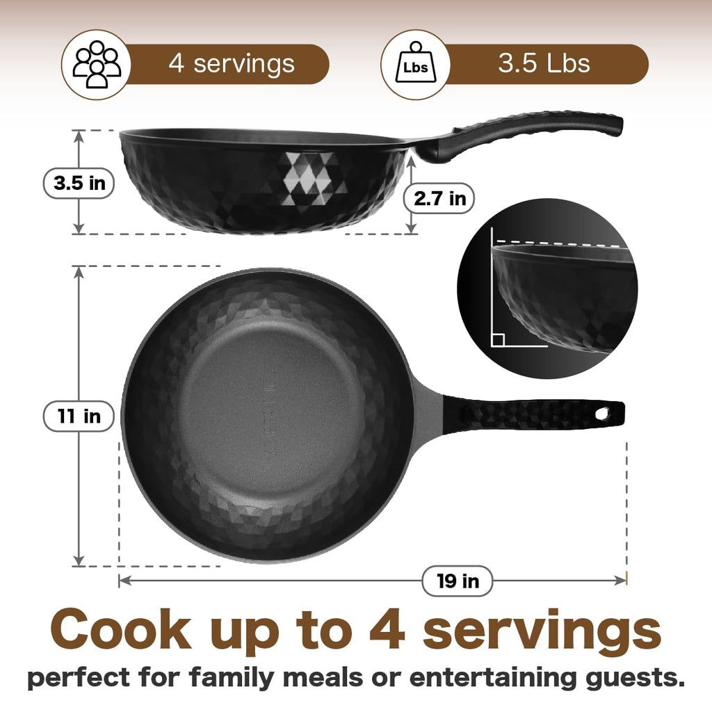 Diamond X Premium Non Stick Wok Pan with Lid - 11" Large Flat Bottom Chinese Wok - Woks & Stir-fry Pans Nonstick - Titanium-Coated 8-Layered Korean Engineered Skillet for Frying, Oil-Free, PFOA-Free
