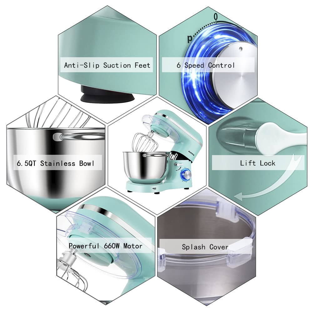 Aucma Stand Mixer,6.5-QT 660W 6-Speed Tilt-Head Food Mixer, Kitchen Electric Mixer with Dough Hook, Wire Whip & Beater (Blue, 6.5QT)