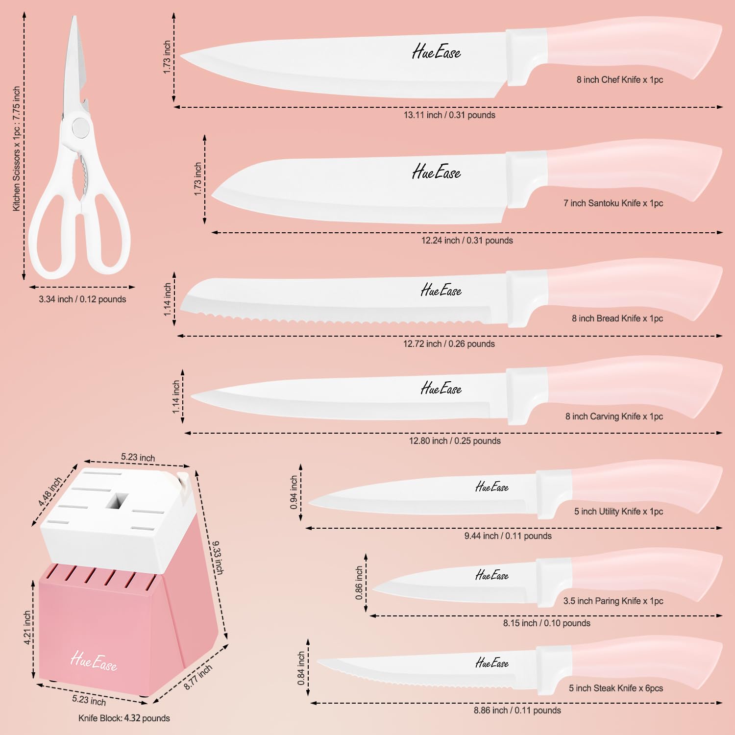 HueEase 14 Pieces Knife Set with Block, Ceramic White Coating, High Carbon Stainless Steel Sharp Blade Block Knife Set, Dishwasher Safe Cutlery, Colliding Pink