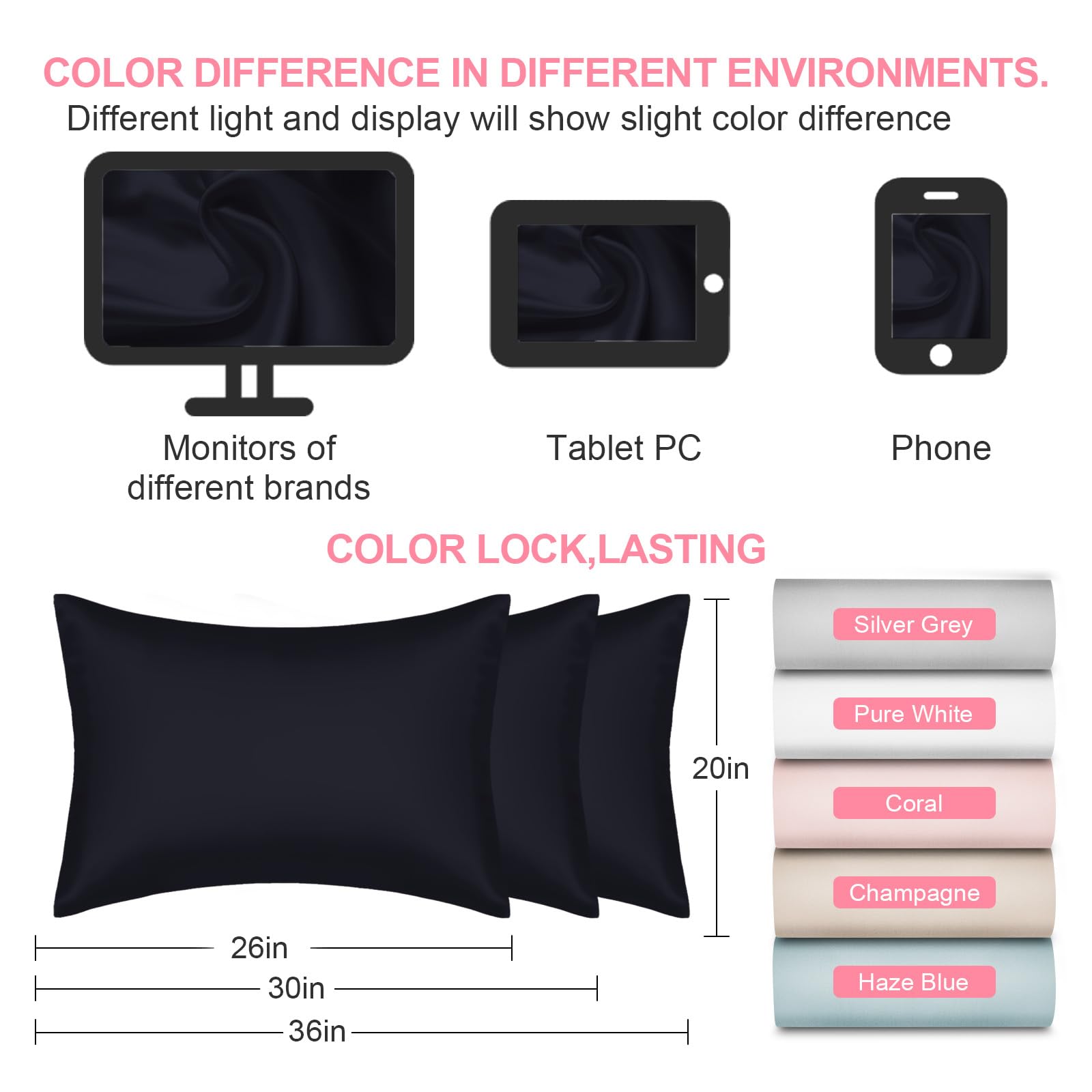 LYSHIN Silk Pillow Cases Standard Size with Hidden Zipper, Navy Blue