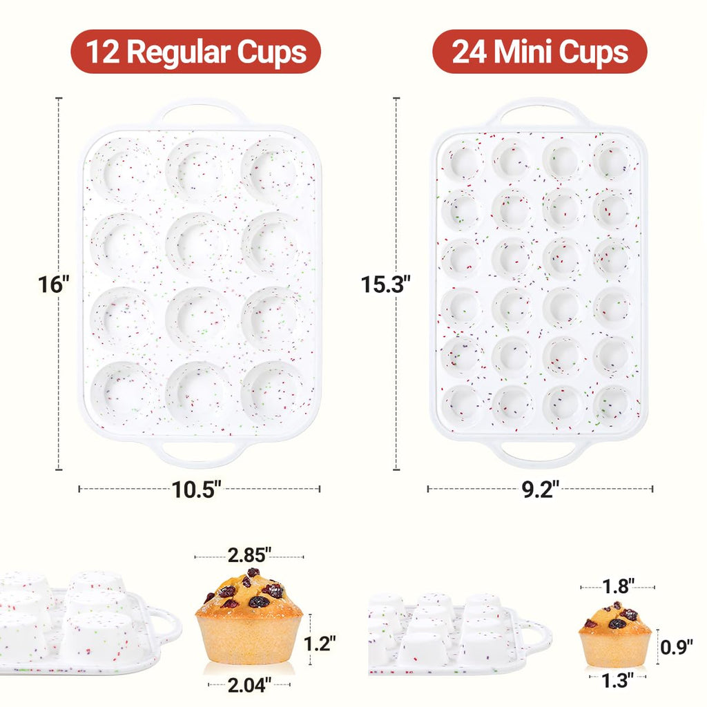 CAKETIME 12 Cups & 24 Cups Silicone Muffin Pan with Metal Frame, Regular & Mini Muffin Pan Set for Baking 2 Pack