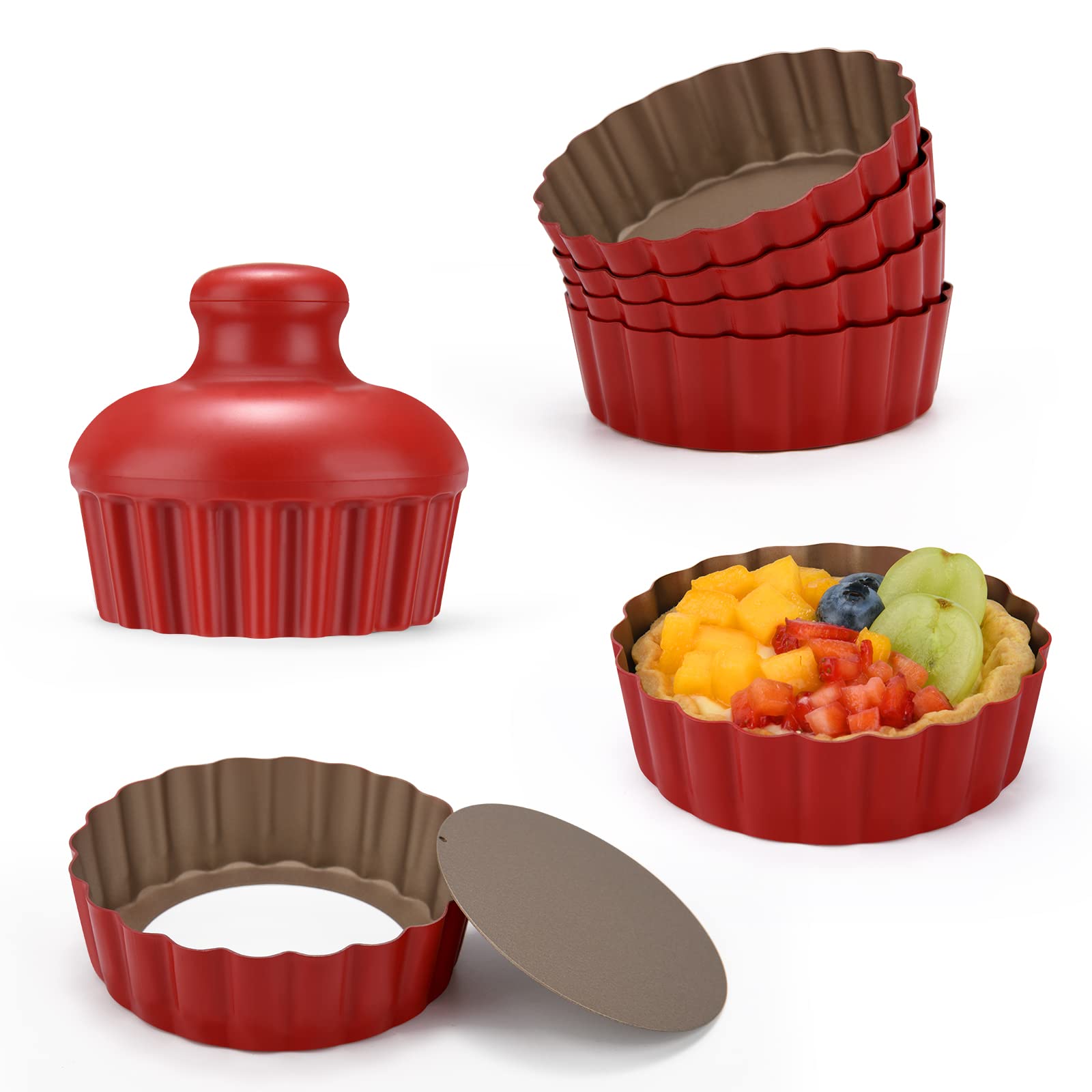 CGGYYZ 3-3/5 Inch Mini Tart Pans with Removable Bottoms, Round Mini Quiche Pans for Baking, Nonstick Cake Pans Set for Pies, Mousse Cakes, Dessert Baking (Red)
