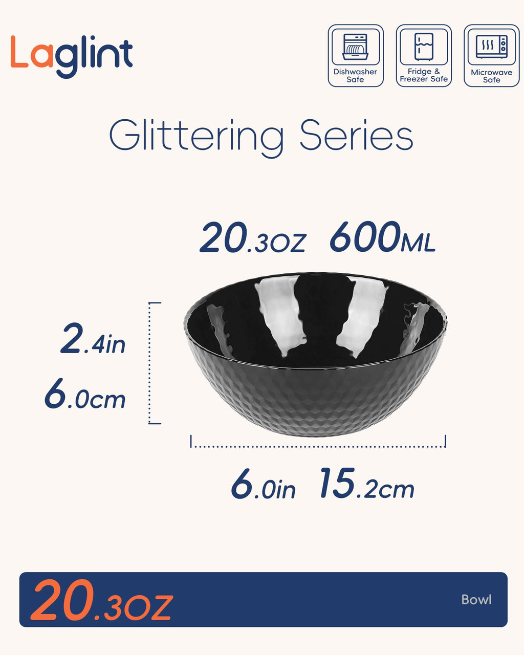 LaGlint 20 OZ Max Black Opal Glass Cereal Bowl Set of 6, 6 Inch