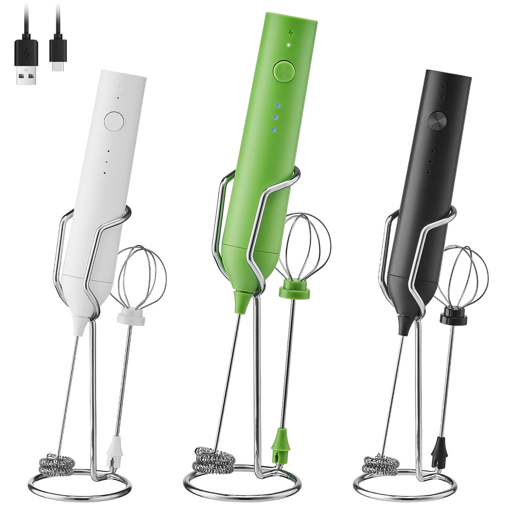 ELMWAY Rechargeable Milk Frother Set by ELMWAY, Electric Drink Blender with Wand and Egg Whisk, Foam Maker Mixer, Milk Frother Handled for Coffee, Latte, Matcha, Protein Powder (Green with Stand)
