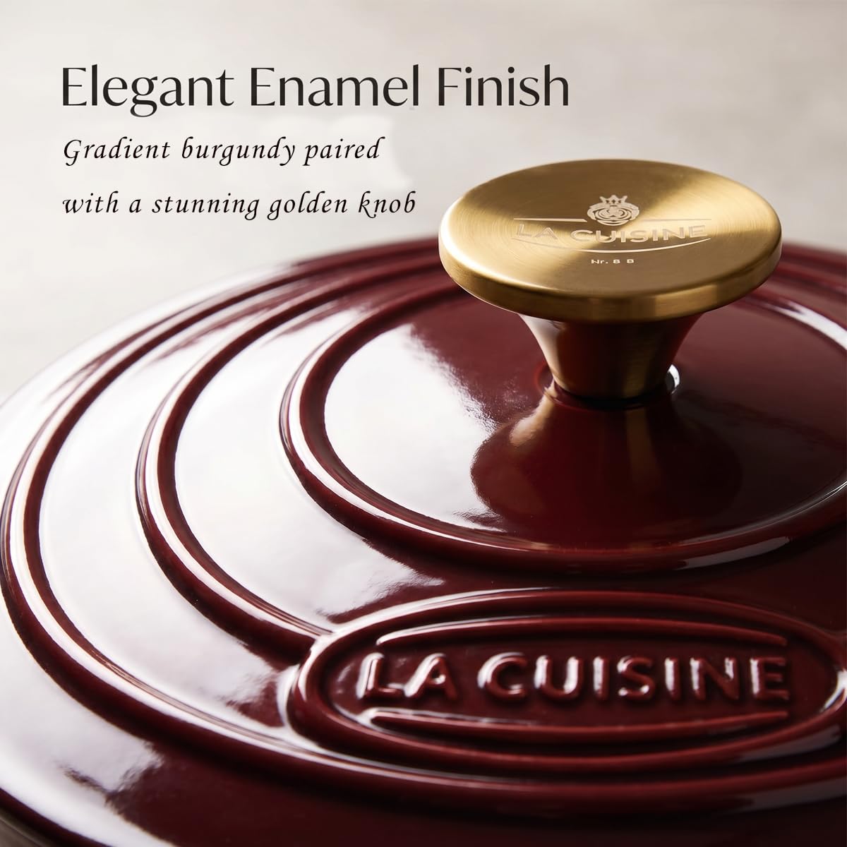 La Cuisine Enameled Cast Iron Dutch Oven Casserole Pot with Golden handle for Lid, Internal Matte Black Enamel Coating, 6.5 QT 11" / 28cm Ø, Oven-Safe 550°F/276°C, Cranberry