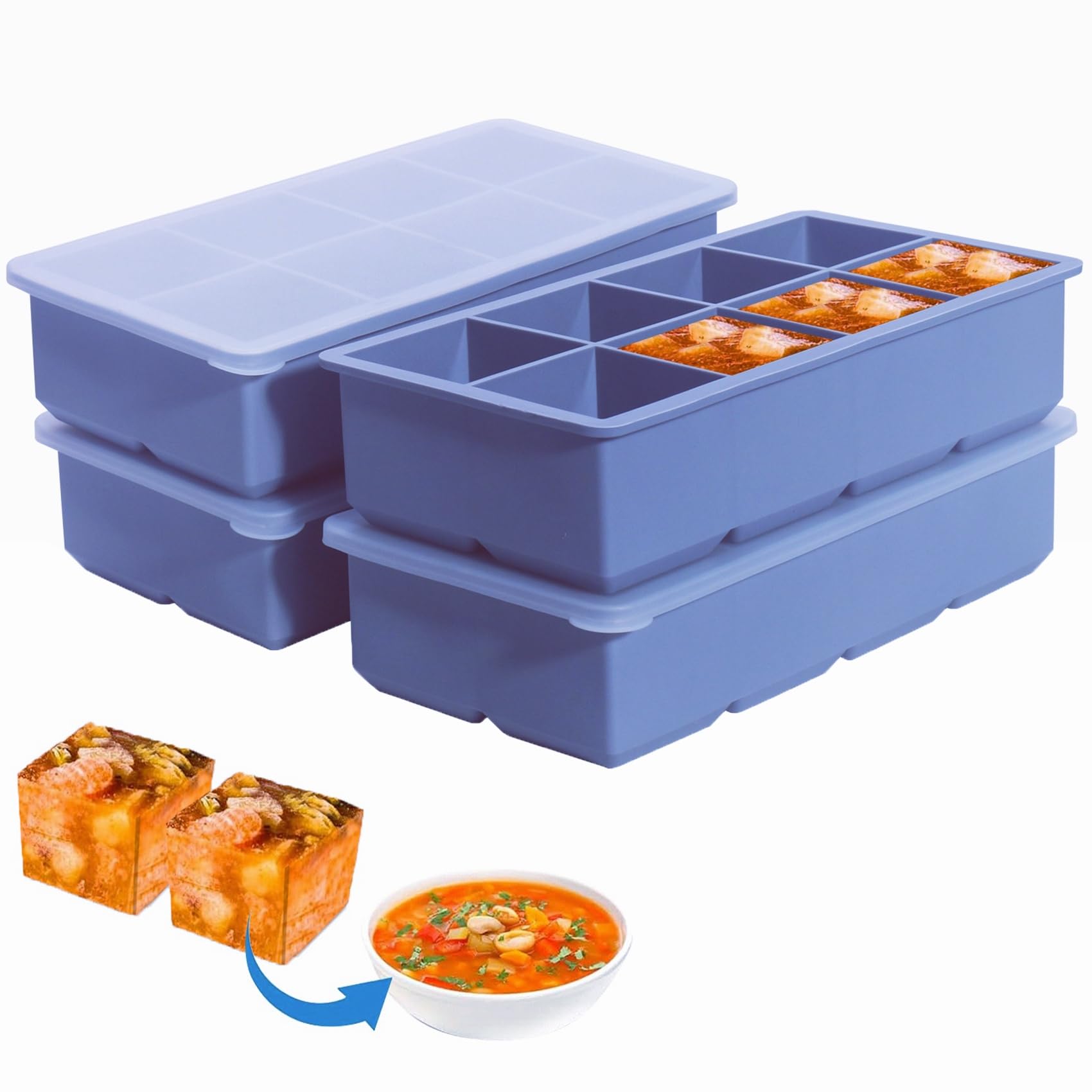 1/2 Cup Silicone Freezer Tray With Lid - Silicone Freezer Molds 4-Pack For meal prep & freezing of various sauces and other dishes, makes 32 perfect 1/2 cup portions cube (Blue 4 Pack)