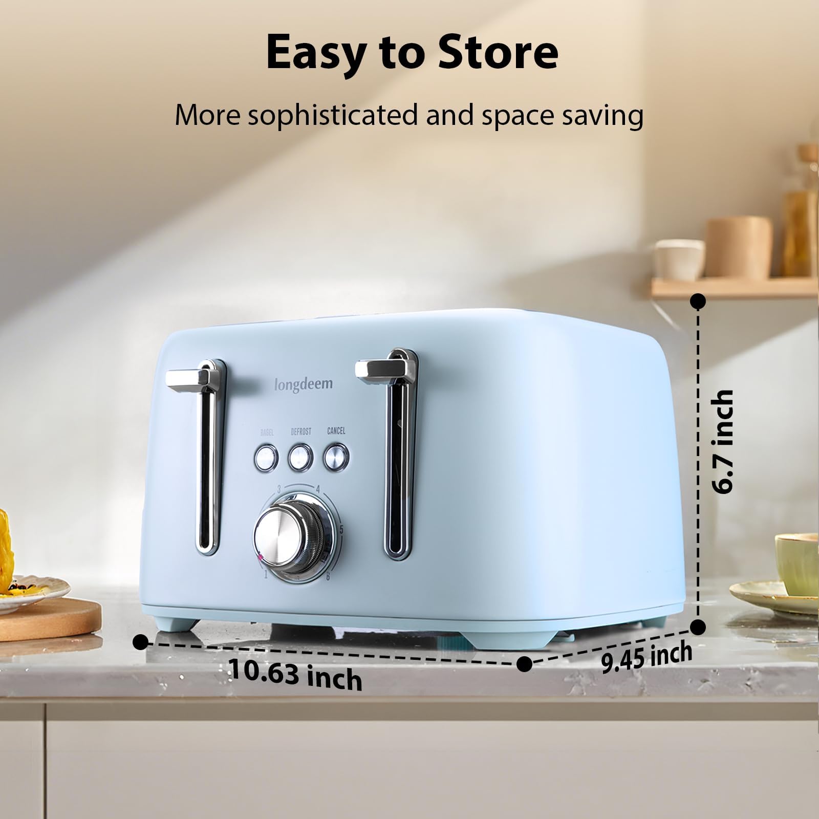 4 Slice Toaster 1.5" Extra Wide Slot - Stainless Steel, High Lift, 6 Browning Settings, Blue