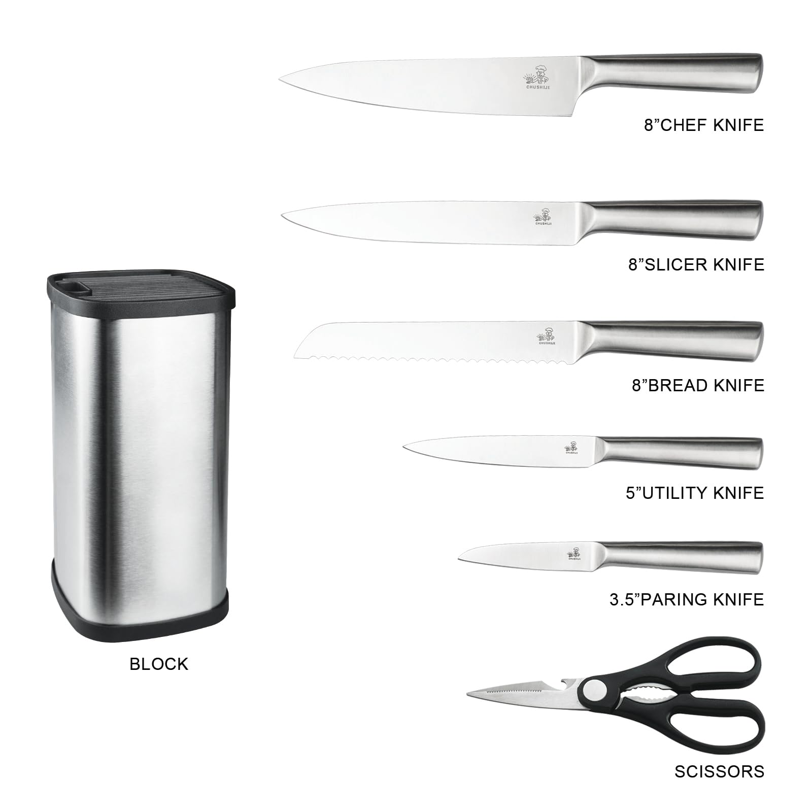 CHUSHIJI 6-Piece Small Stainless Steel Knife Set with Block, High Carbon Steel, Dishwasher Safe Gift