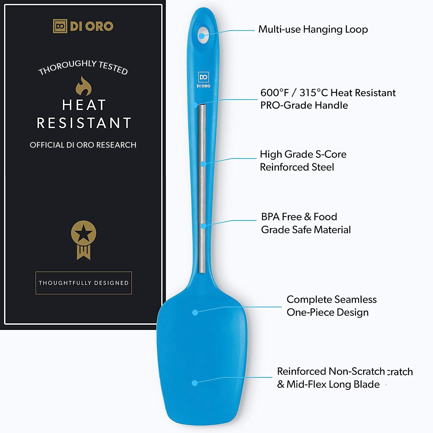 DI ORO Silicone Spoonula - Spoon Spatula, 600F Heat Resistant, Blue