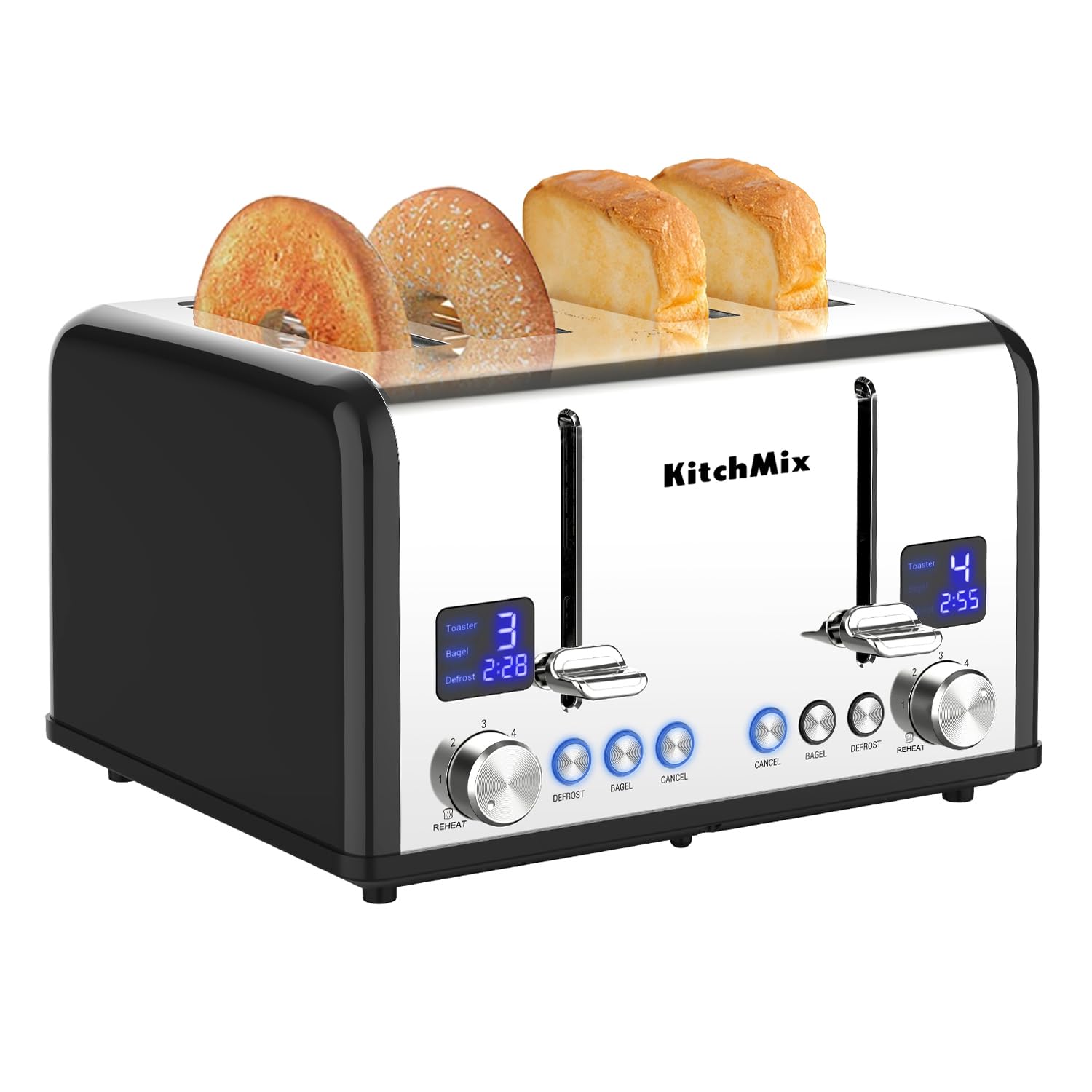 Toaster 4 Slice, KitchMix Bagel Stainless Toaster with LCD Timer, Extra Wide Slots, Dual Screen, Removal Crumb Tray (Black)
