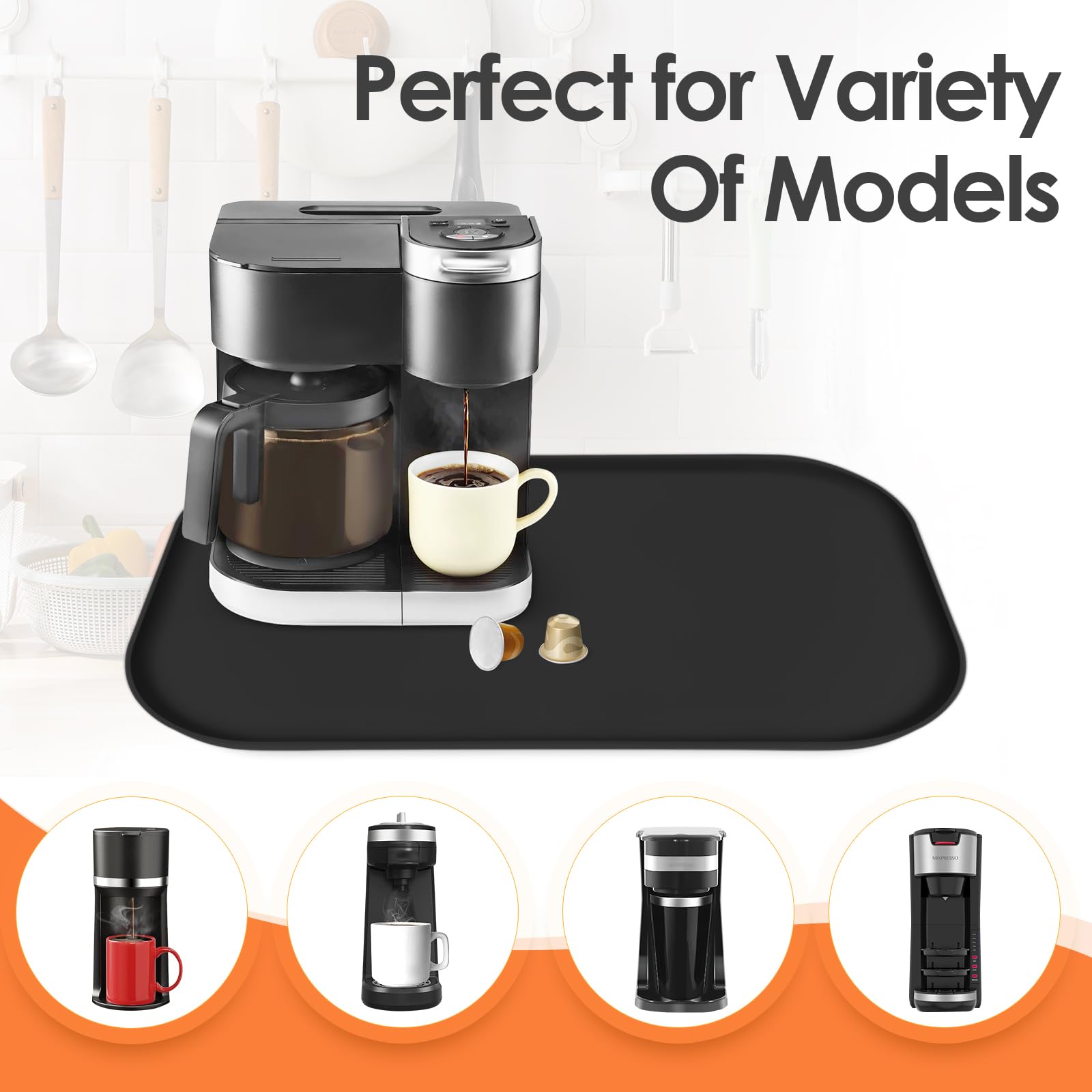 Silicone Coffee Maker Mat with Lip for Countertops, 24'' x 16'', Black