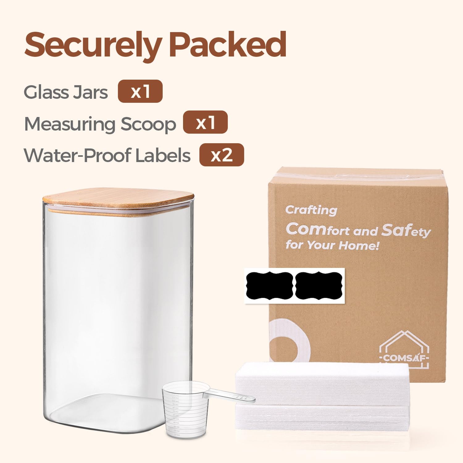 ComSaf Glass Storage Jars with Bamboo Lids 4.6 Qt Large Pantry Square