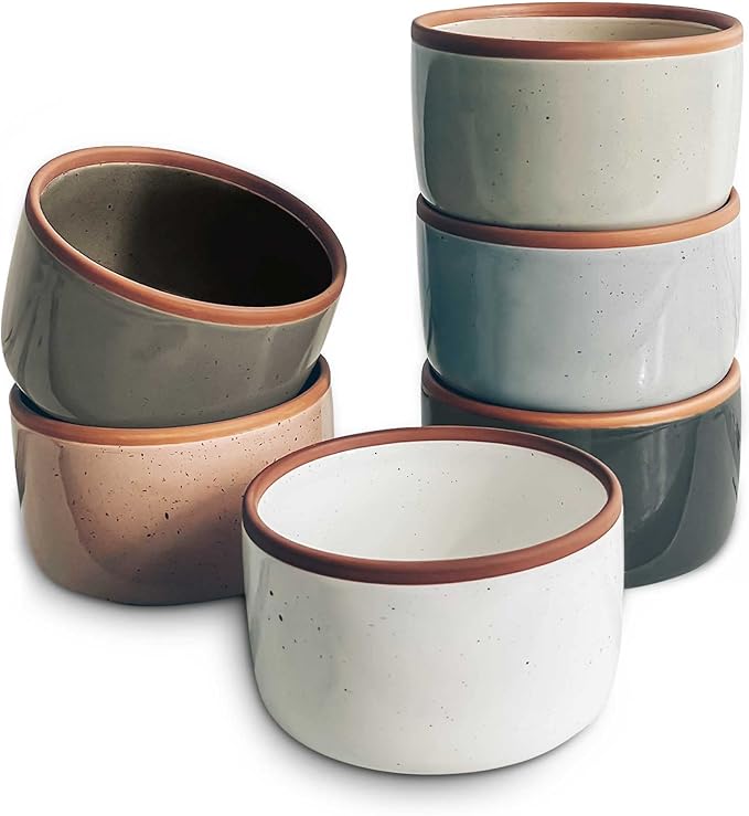 Mora Ceramic Ramekins - 4oz, Set of 6 - Small Oven Safe Baking Dishes/Cups - For Personal Pudding, Creme Brulee, Souffle, Serving Dip, Custard, Ice Cream - Single Mini Bowls - Assorted Neutrals