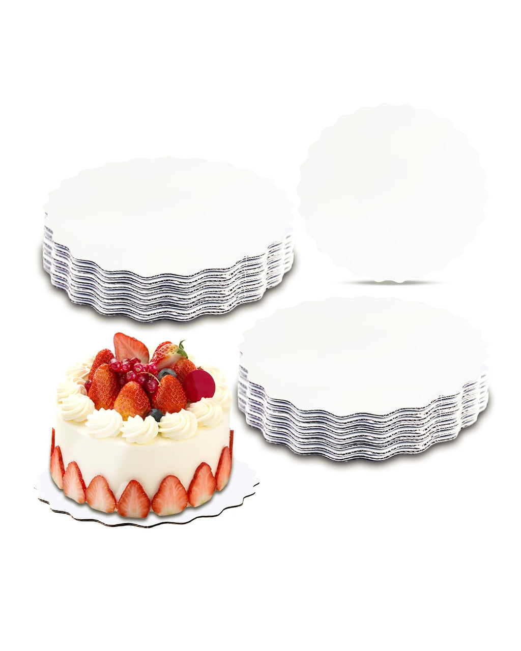 qiqee 8 Inch White Wave Cake Boards Round 15-Packs Circles Rounds Base Food-Grade Cardboard Wave Cake Plate（Thinner But Stronger）