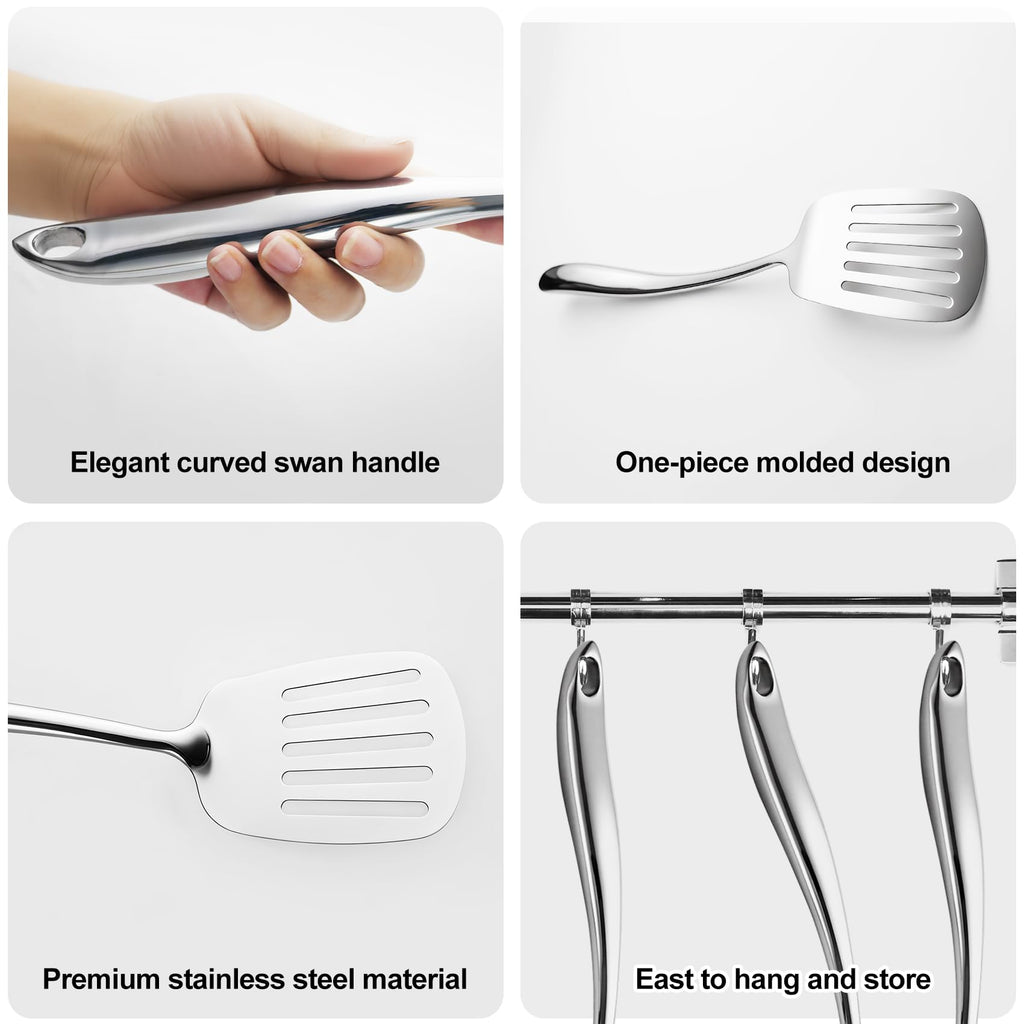 304 Stainless Steel Kitchen Utensils Set, 11 PCS Metal Cooking Utensils Set with Spatula, Spoon, Ladle, Skimmer, Turner, Pasta Server, Tongs
