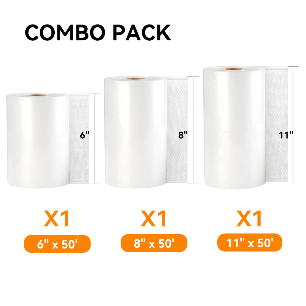[2024 New] 6" x 50', 8" x 50' and 11" x 50' 3 Pack Rolls, Vacuum Sealer Rolls Bags for Food, Great for Food Storage, Sous Vide and Meal Prep, Wevac Lite